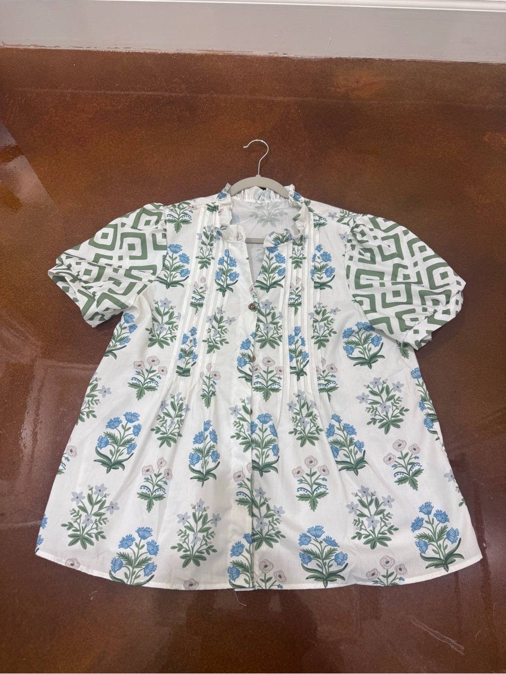 Cherry Betty Floral Button-Front Blouse with Geo sleeves